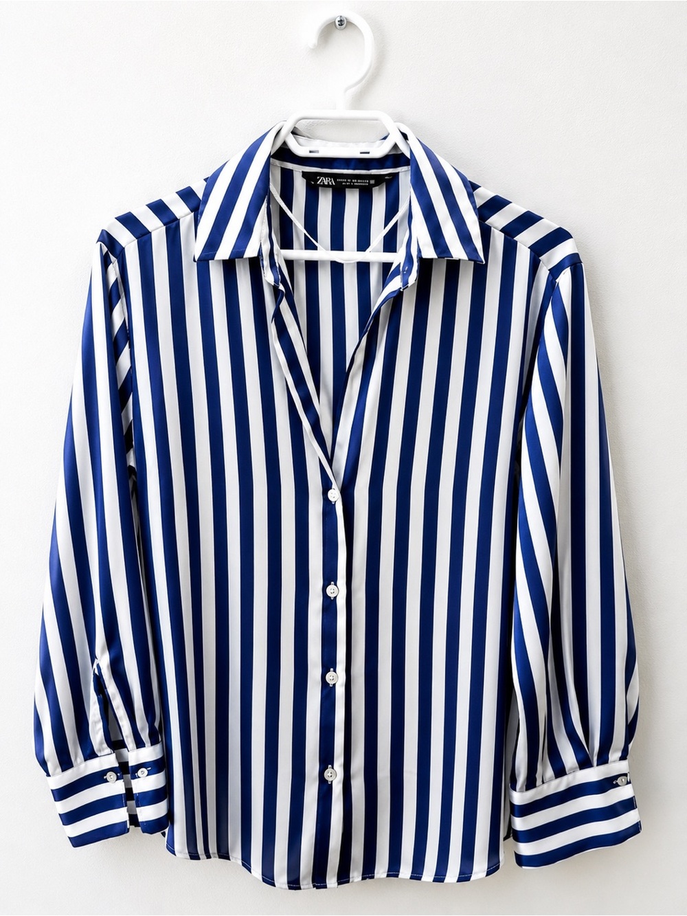 Zara Men's Navy and White Vertical Stripe Dress Shirt
